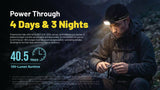 A man wearing a NITRIDE headlamp with an illuminated LED light bar in a dark, rocky outdoor setting at night. The image is a promotional graphic with text highlighting 'Power Through 4 Days & 3 Nights' and '40.5 hours 100-Lumen Runtime'.