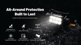 A waterproof LED headlight shown in a dark, rainy outdoor-style scene with rocks and dramatic light beams. Large text reads 'All-Around Protection Built to Last' with feature icons for IP68 waterproof, 2m impact resistance, submersible to 2m, lightweight magnesium alloy body, wear-resistant finish, and high strength.