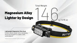 Nitecore headlamp lighter in magnesium alloy, featuring a black and yellow headband with LED light module, shown with text highlighting its 146 g (5.15 oz) total weight on a white background.