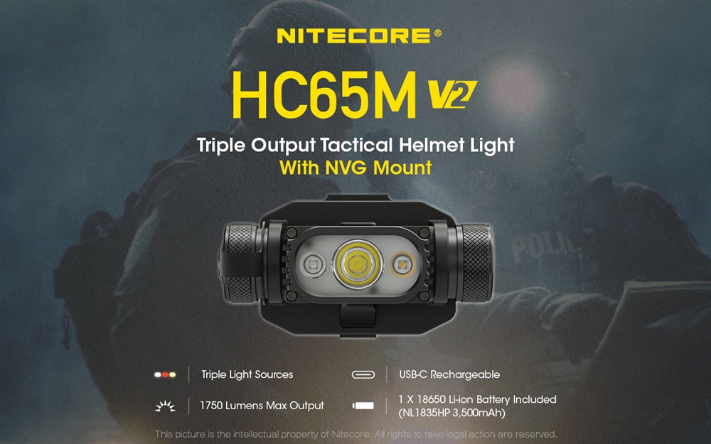 Nitecore HC65M v2 1750 Lumens NVG Mountable Helmet Light, White
