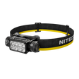 Nitecore HC65 MCT headlamp with a black adjustable elastic strap featuring a yellow stripe and white NITECORE branding.