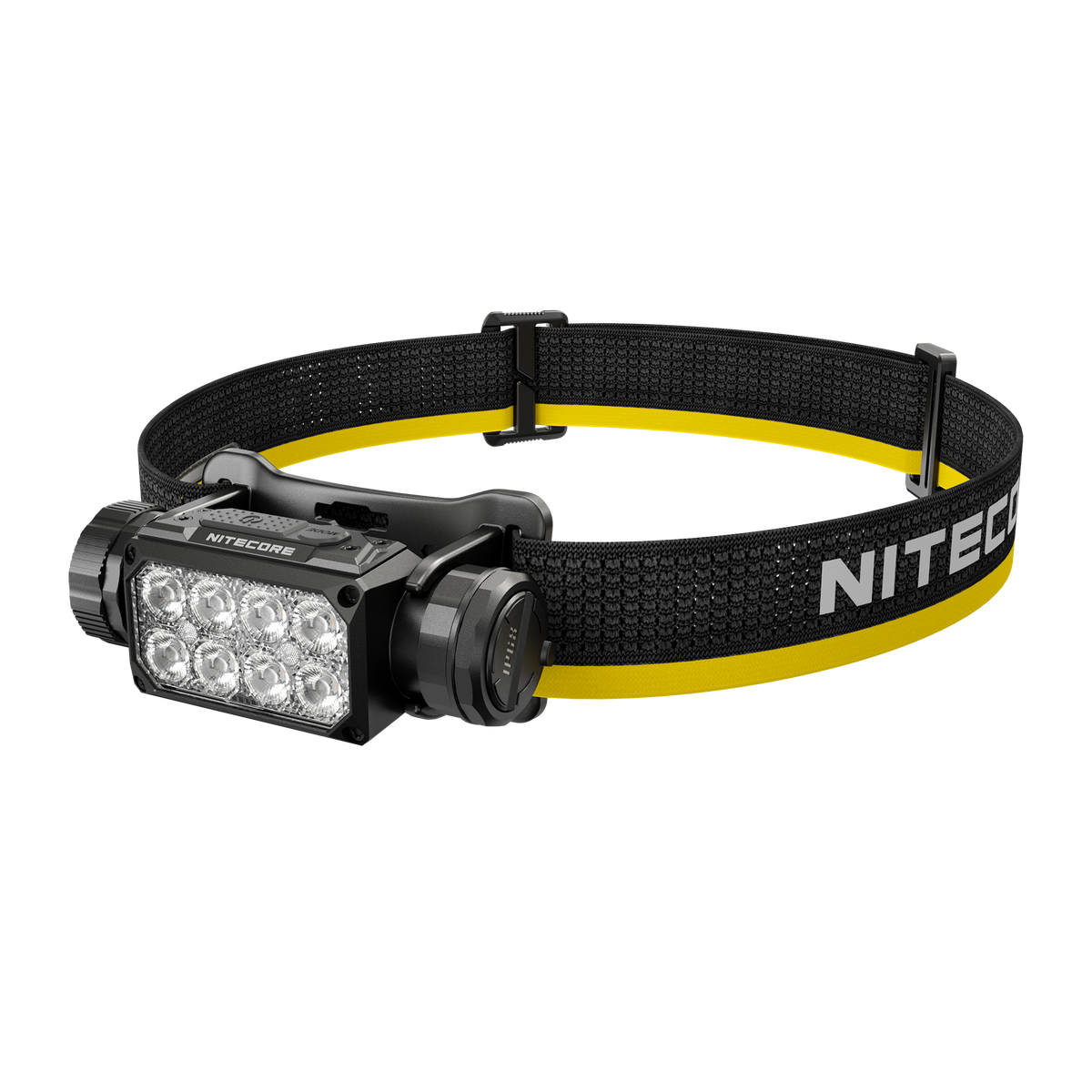Nitecore HC65 MCT headlamp with a black adjustable elastic strap featuring a yellow stripe and white NITECORE branding.