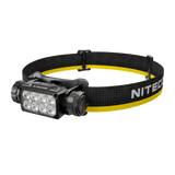 Nitecore HC65 MCT headlamp with a black adjustable elastic strap featuring a yellow stripe and white NITECORE branding.