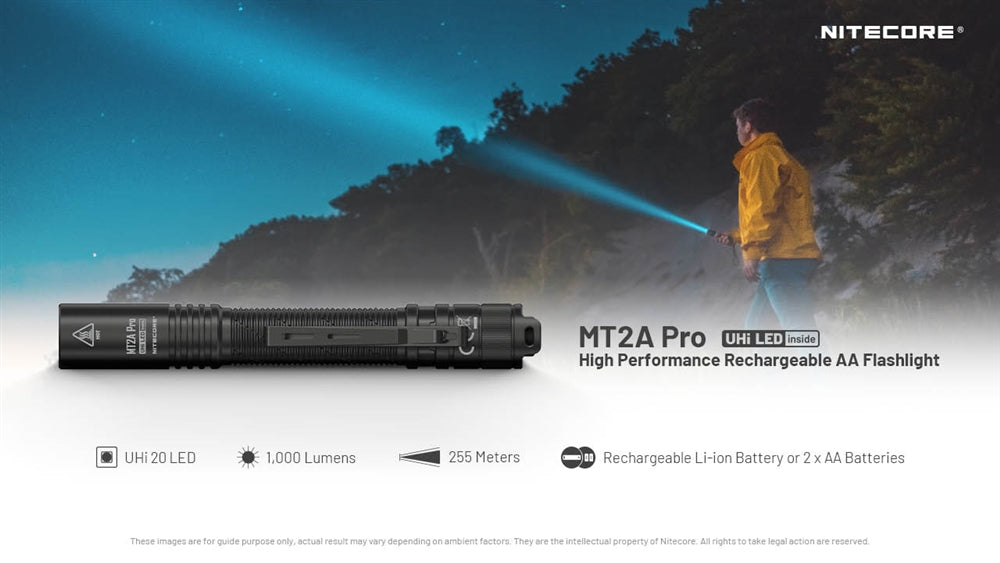 Nitecore MT2A Pro 1000 Lumen LED EDC Rechargeable Flashlight, Use 2x AA