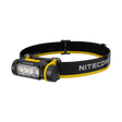 Nitecore headlamp with a black and yellow adjustable headband, featuring a black and yellow housing with four clear LED lenses, shown on a solid white background.