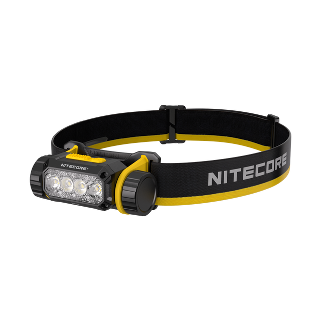 Nitecore headlamp with a black and yellow adjustable headband, featuring a black and yellow housing with four clear LED lenses, shown on a solid white background.