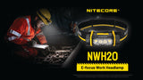 NITECORE NWH20 E-focus Work Headlamp shown in a promotional graphic atop a miner wearing a yellow hard hat and red safety jacket in a dark industrial setting. The headlamp is black with yellow accents with four visible LED light elements.