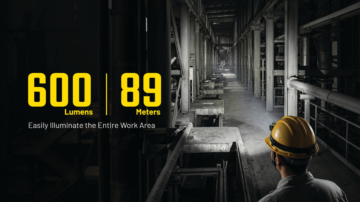 A dark industrial interior scene with a person in a yellow hard hat seen from behind, with large yellow text reading '600 Lumens' and '89 Meters' and smaller text 'Easily Illuminate the Entire Work Area.' This is not a clean product shot and appears to be a marketing/demo scene rather than a standalone product image.