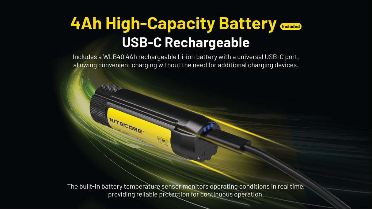A Nitecore WLB40 4Ah USB-C rechargeable Li-ion battery shown at an angle on a black background with glowing green light streaks. The battery is black with a yellow accent band.