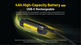 A Nitecore WLB40 4Ah USB-C rechargeable Li-ion battery shown at an angle on a black background with glowing green light streaks. The battery is black with a yellow accent band.