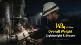 A worker in a white hard hat with an NWH20 headlamp stands beside industrial piping at night, with text overlay reading '149g / 5.26 oz Overall Weight Lightweight & Secure'.