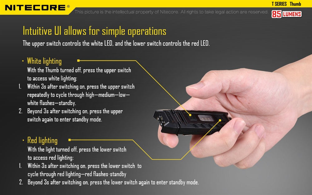 Nitecore Thumb 85 Lumen Clip on Rechargeable Flashlight, with