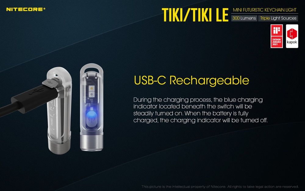 Nitecore TIKI 300 Lumen USB-C Rechargeable Keychain Flashlight