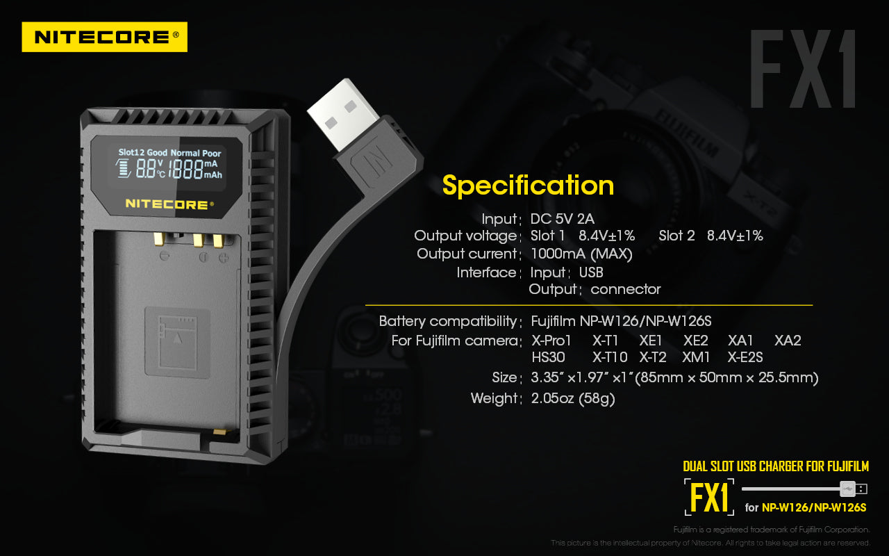 Nitecore FX1 Charger for Fujifilm NP-W126 and NP-W126S Camera