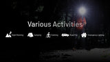 A man hiking through the woods in the dark with a headlamp to light his way with text overlay "Various Activities" and icons describing those activities.