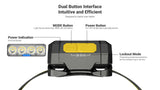 Top down view of the the HA19 showing off it's dual yellow buttons - MODE and Power - it's lockout mode, and 4 blue power indication lights on the front of the light.