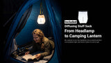 A person lies inside a blue camping tent reading a book under a hanging headlamp, with text on the right describing an included diffusing stuff sack that can be used as a camping lantern.