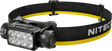 Nitecore HC65 MCT headlamp with a black adjustable elastic strap featuring a yellow stripe and white NITECORE branding.