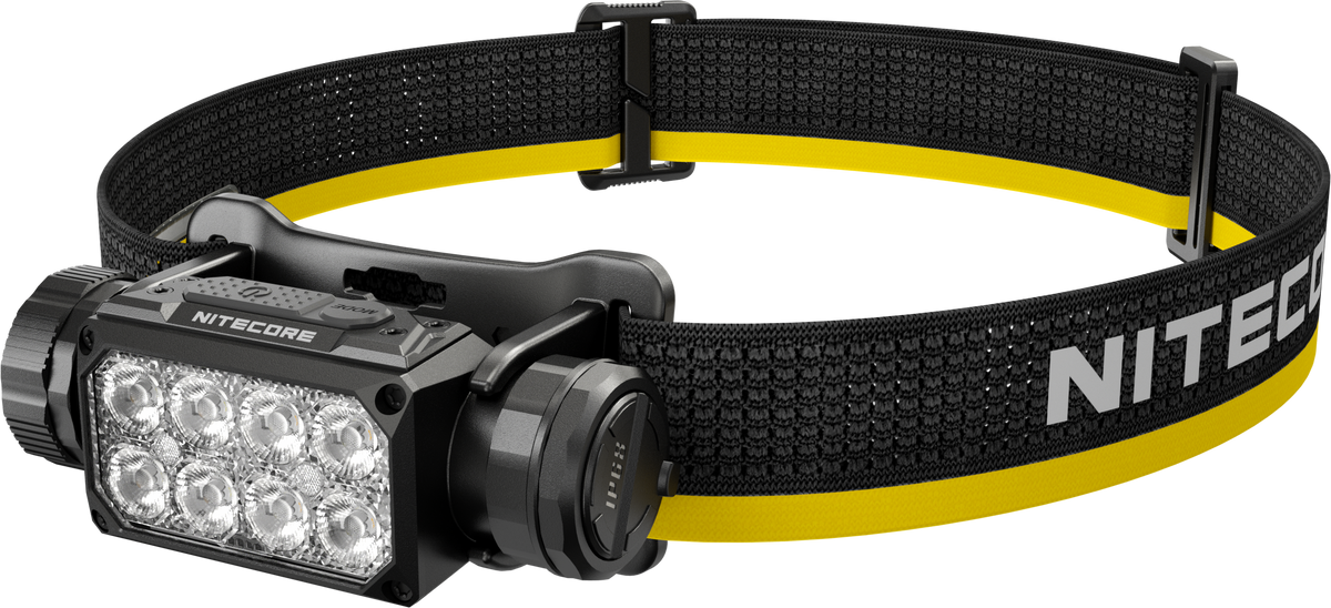 Nitecore HC65 MCT headlamp with a black adjustable elastic strap featuring a yellow stripe and white NITECORE branding.