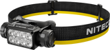Nitecore HC65 MCT headlamp with a black adjustable elastic strap featuring a yellow stripe and white NITECORE branding.