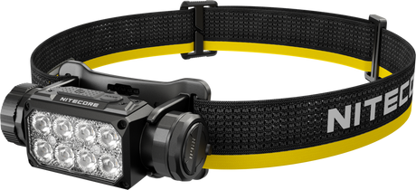 Nitecore HC65 MCT headlamp with a black adjustable elastic strap featuring a yellow stripe and white NITECORE branding.