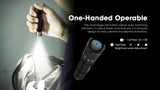 A person searching through their bag with a flashlight in hand and promotional text "One-Handed Operable"