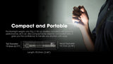 Hand holding the MT1A Pro illuminating the ground below and promotional text "Compact and Portable" with a diagram showing the dimensions.