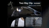 3 panel graphic showing off the two-way clip being used: clipped to a brim of a hat, clipped to a backpack strap, and clipped to pants pocket.