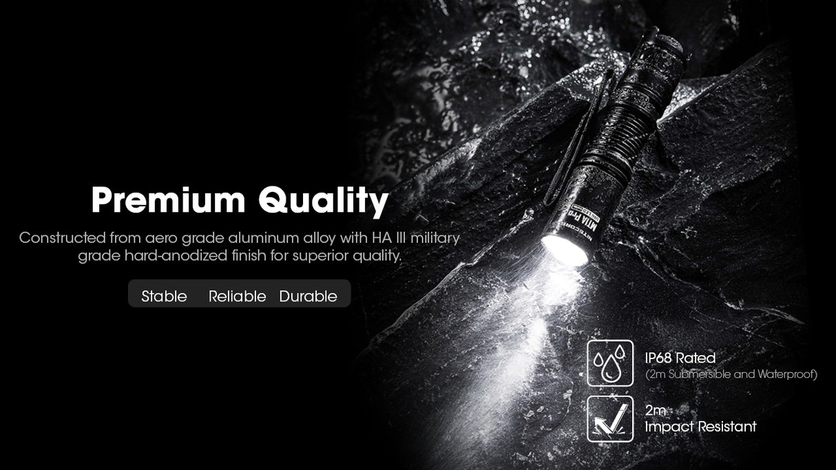 MT1A Pro flashlight on a black rocky background in a rain setting with text "Premium Quality"