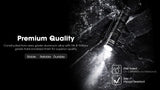 MT1A Pro flashlight on a black rocky background in a rain setting with text "Premium Quality"