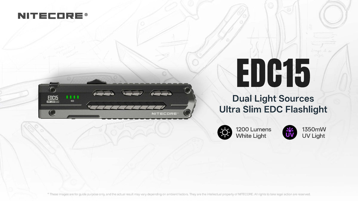 Nitecore EDC15 ultra slim dual light source flashlight in black, shown on a white background with faint product sketches and text highlighting features such as the 1200 lumens white light and 155mW UV light.
