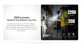 A promotional graphic for a Nitecore flashlight, featuring a text panel on the left and a product demonstration panel on the right. The right panel shows a man holding a flashlight in a dark warehouse environment, with text overlays indicating 1200 lumens max brightness and 208 meters range.