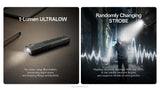A promotional split-panel graphic for the EDC15 flashlight. The left panel shows the flashlight on a dark surface with the text '1-Lumen ULTRALOW'. The right panel shows someone shielding their eyes from a bright light with text about the randomly changing strobe