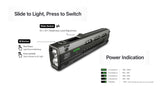 A black LED flashlight with green power indicator lights, shown on a white background with instructional labels explaining the slide is used to turn it off and on as well as adjusting the brightness level, while the M button can be short pressed to swap the light source and you can press and hold it for direct UV access, plus a power indication legend.