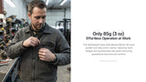 A man in a workshop wearing a dark brown work jacket, shown putting the EDC15 in the front pocket. The right side of the image features a white background with black text detailing the lightweight 85g (3 oz) body of the jacket.