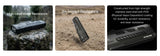 A three-panel promotional graphic showing a black tactical flashlight on rocks and sand, with text highlighting IPX7 high-level water resistance, 2m impact resistance, and construction from high strength stainless steel with PVD coating.