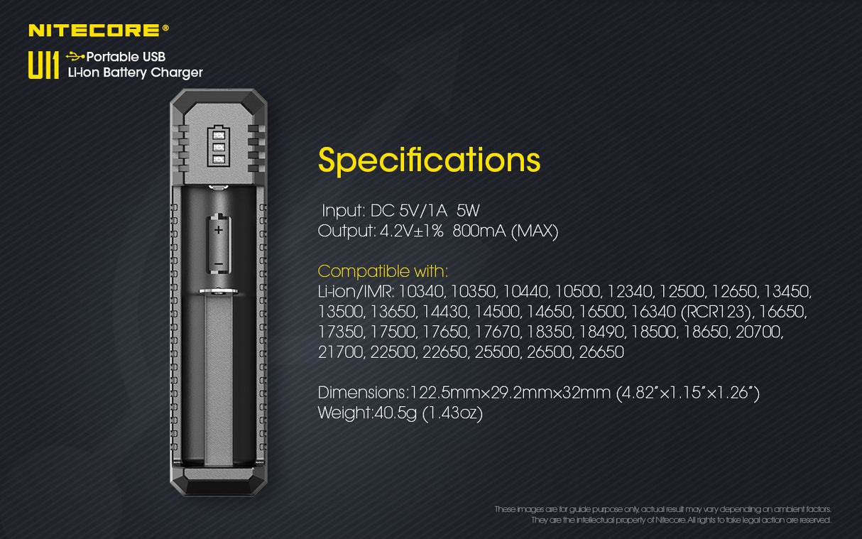 Nitecore UI1 USB Charger, for 18650, 21700, 18350, 20700 etc Batteries