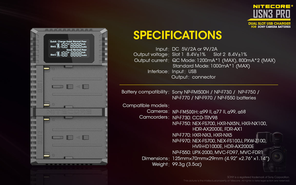 Nitecore USN3 Pro Dual-Slot USB Charger, for Sony Camera Batteries